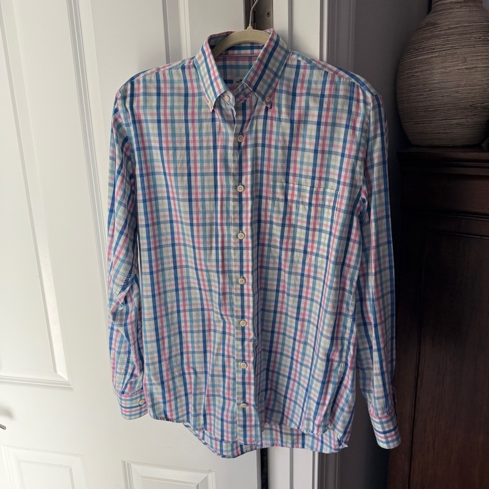 Peter Millar Button Down Shirt Plaid Blue Pink Green Top